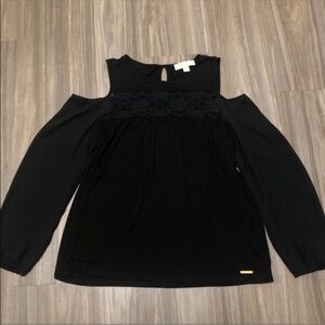 Michael Kors Cold Shoulder Black Tunic Blouse with lace on front large